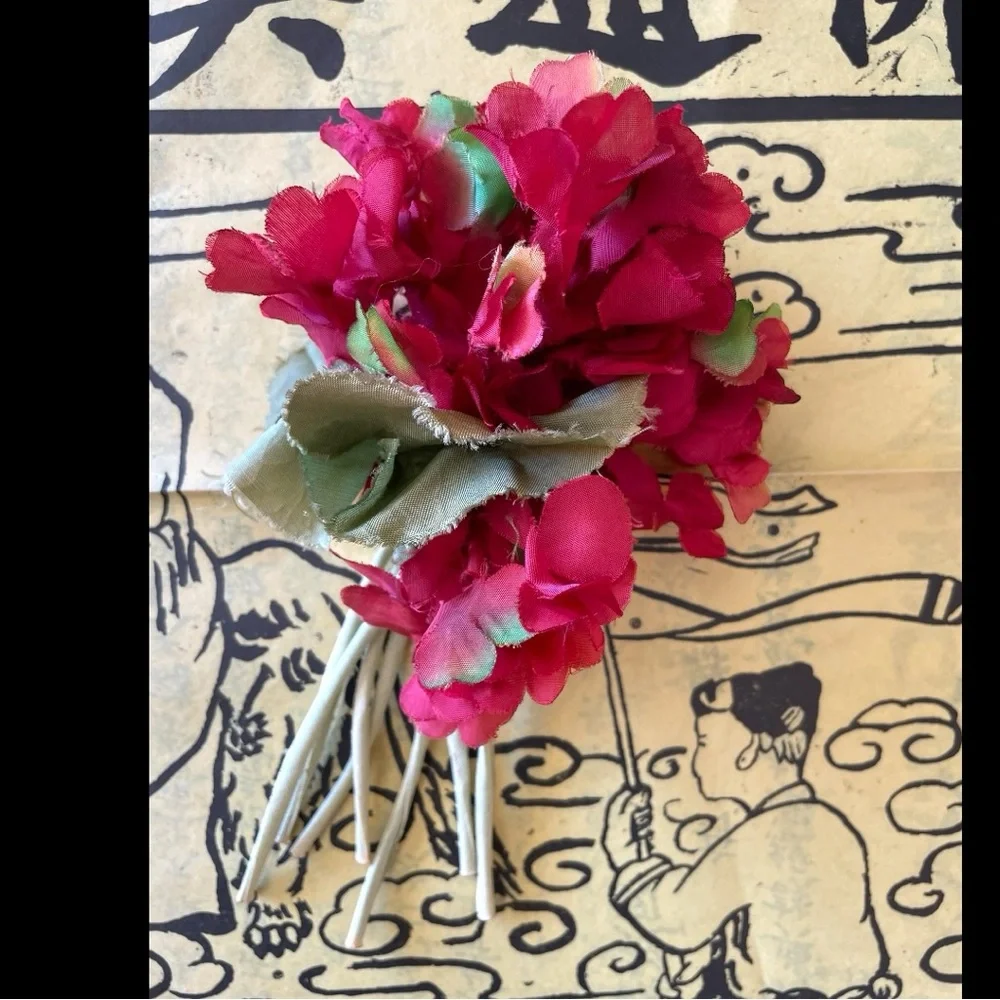 Vintage Fabric Red Hydrangea Flower Pin